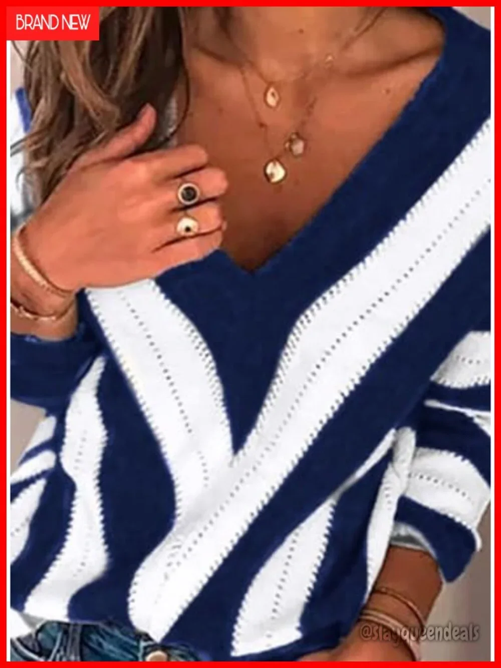 Soft Knitted V-Neck Pullover Sweater for Women Long Sleeve Striped Tops Fall